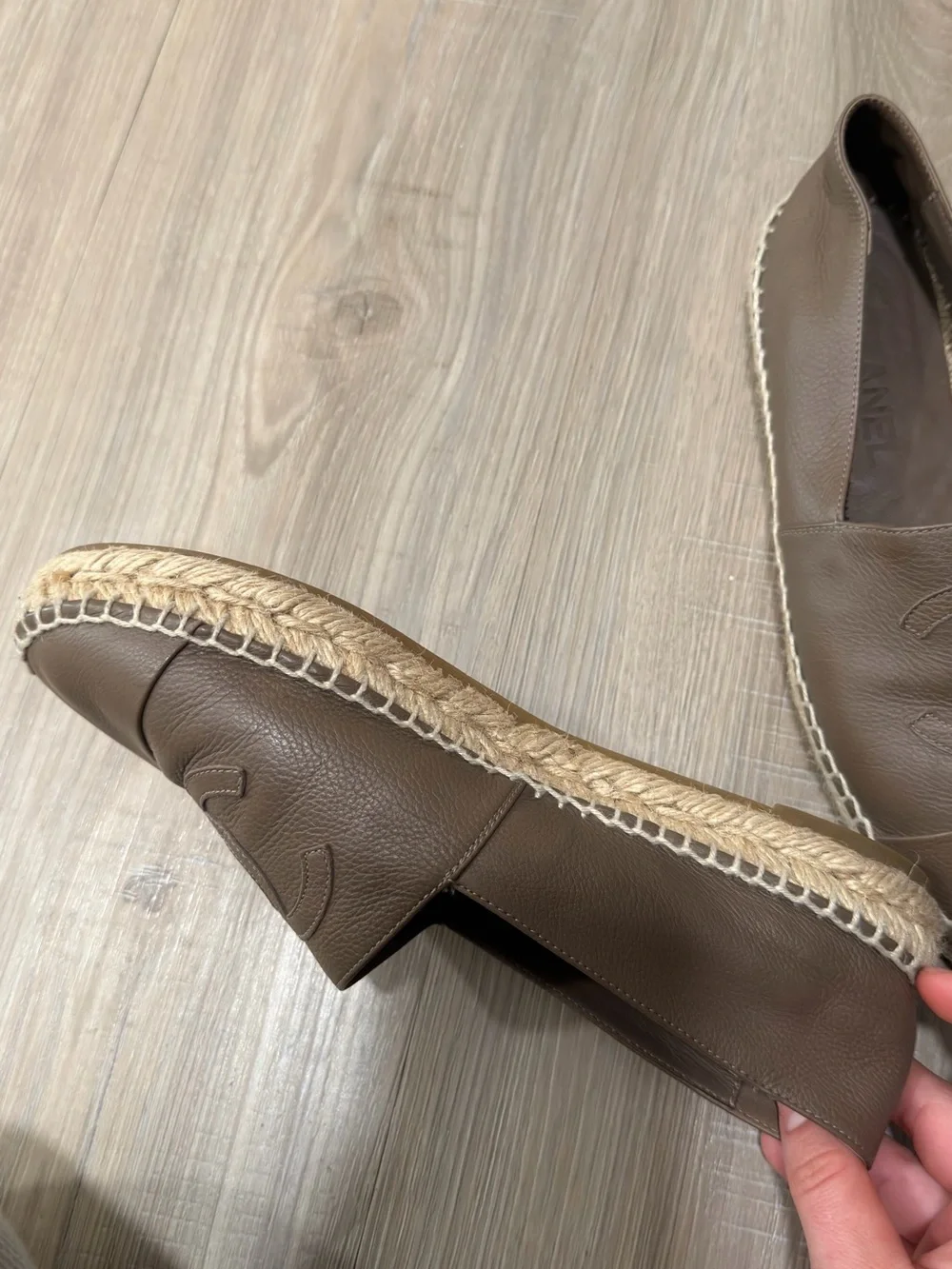 CHANEL Taupe Brown Leather Espadrilles with CC Logo